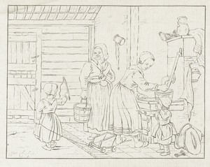 Vrouwen en kinderen in interieur bij waterpomp