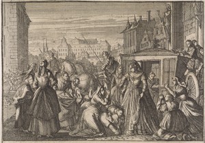 Vrouwen knielen te Parijs voor koningin Anna en smeken haar de belastingen te verlagen, 1645