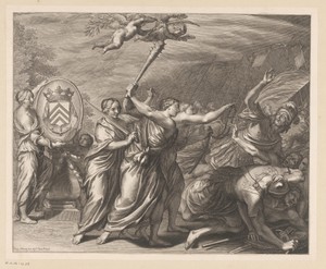 Vrouwen met knots, zwaard, en teugel verdrijven soldaten