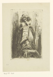 Vrouwenfiguur leest een banderol over het leven van Maria
