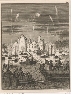 Vuurwerk en gondelvaart bij het doorsteken van de Nijldijk te Caïro