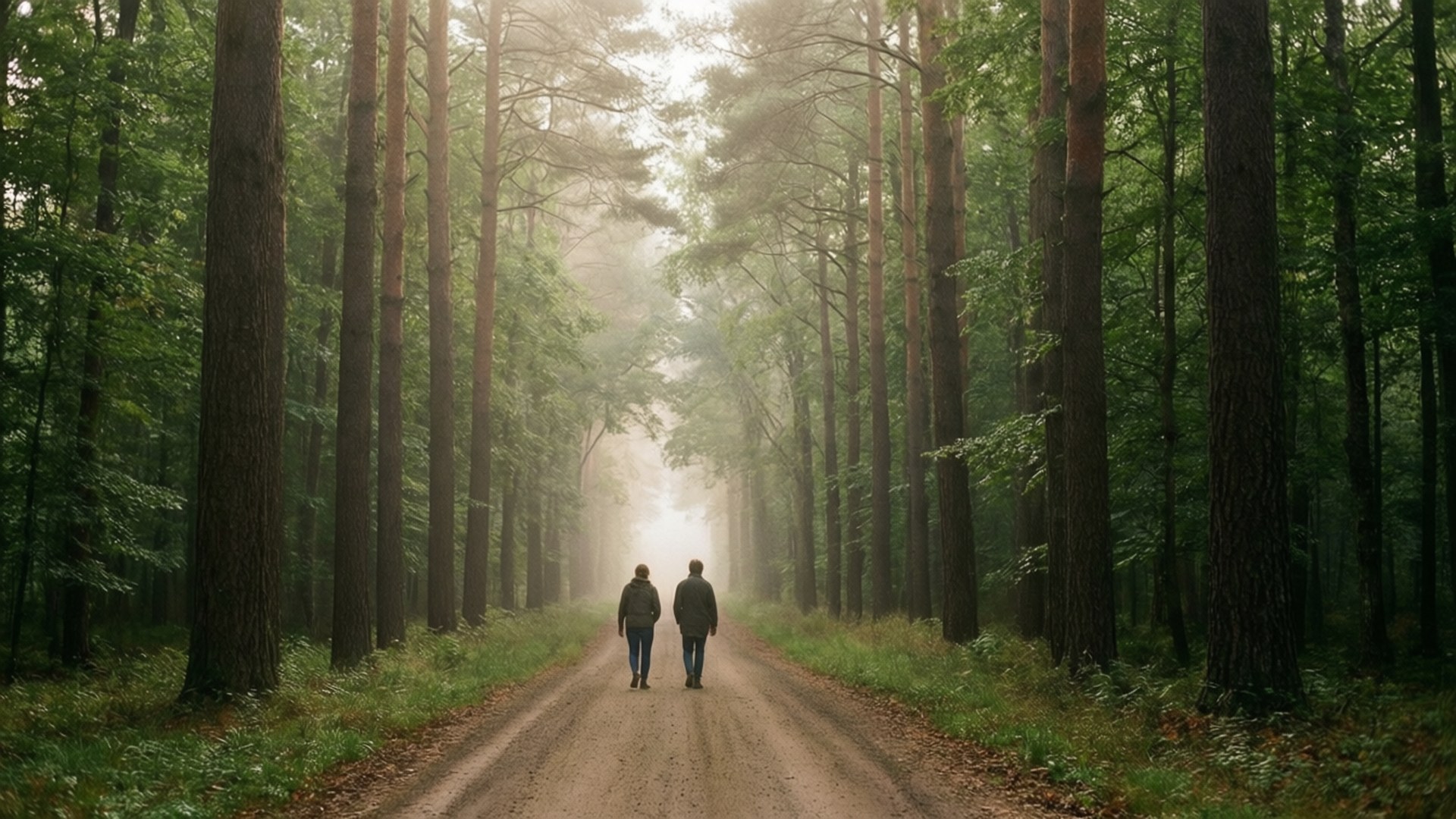 Walking the Misty Forest Road by Wallpapers.art Studio