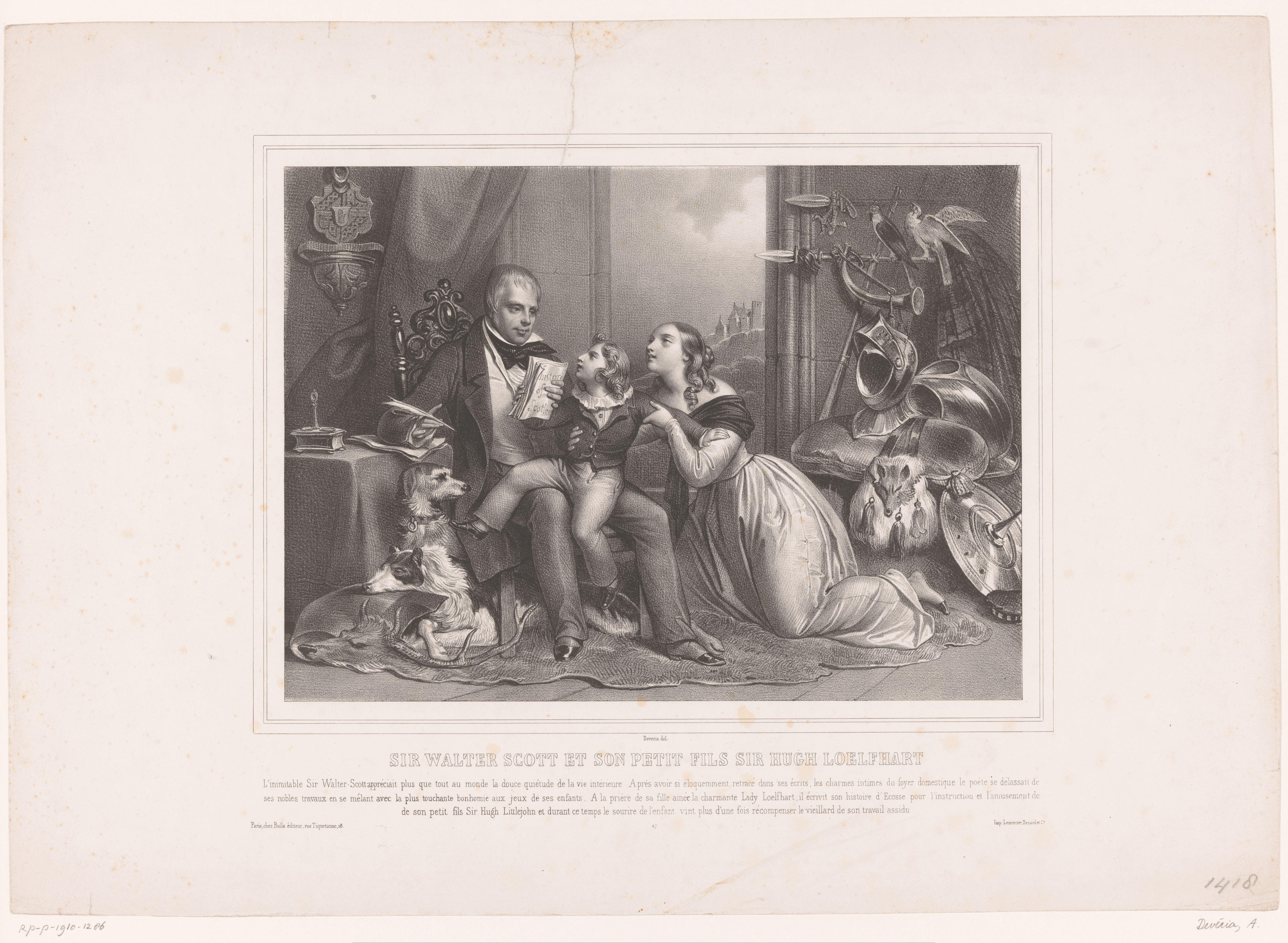 Walter Scott met zijn dochter Charlotte Sophia en zijn kleinzoon John Hugh Lockhart by Achille Devéria