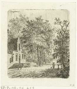 Wandelaar met hond voor een huis
