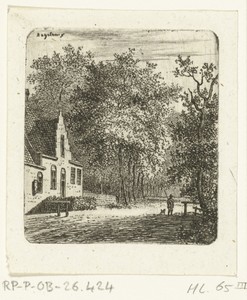 Wandelaar met hond voor een huis