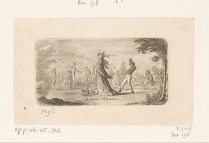 Wandelaars met aangelijnde honden in een landschap