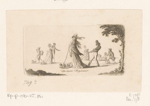 Wandelaars met aangelijnde honden links van een boom