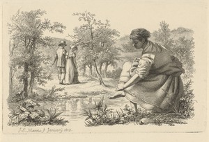 Wandelend paar en een meisje dat haar voeten wast