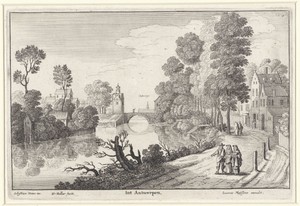 Wandelende figuren langs een rivier bij Antwerpen
