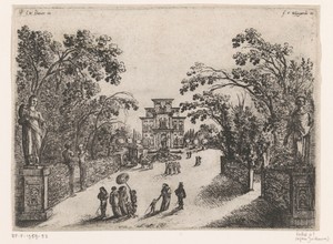 Wandelende mensen in een park, een landhuis in de achtergrond