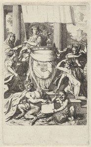 Wapen van de familie Geelvinck omgeven door allegorische figuren
