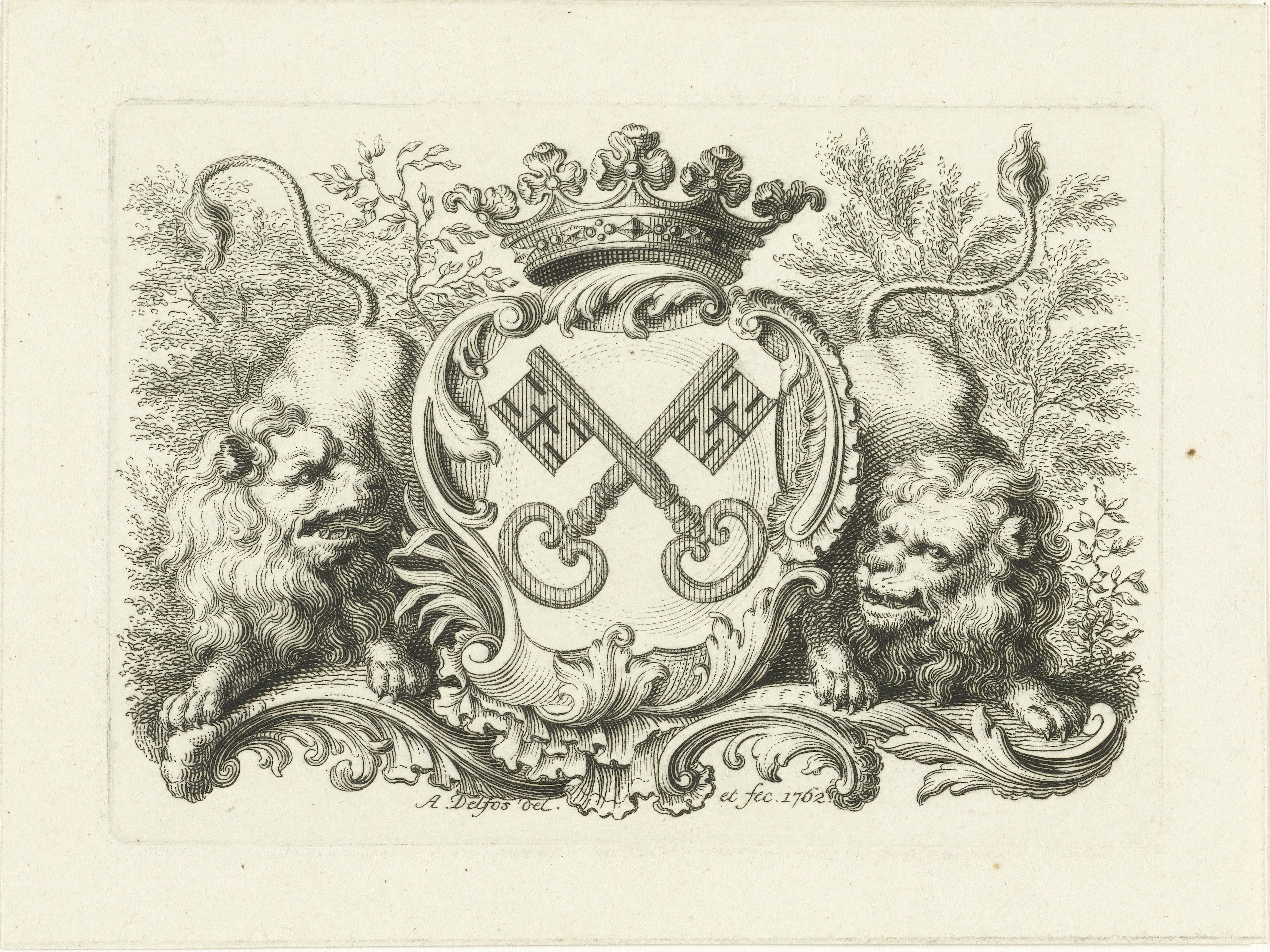 Wapen van stad Leiden in cartouche, met twee leeuwen by Abraham Delfos