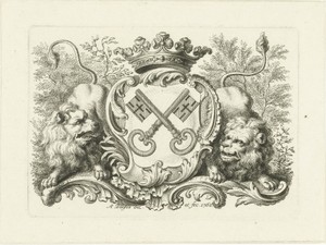 Wapen van stad Leiden in cartouche, met twee leeuwen