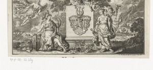 Wapenschild geflankeerd door Minerva en Prudentia