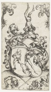 Wapenschild met acrobaten en zwaardvechters