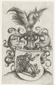 Wapenschild met oude twijnende vrouw