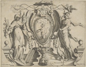 Wapenschild met stier en vrouwelijke personificaties