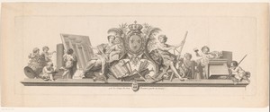 Wapenschild met twee figuren en putti met werktuigen