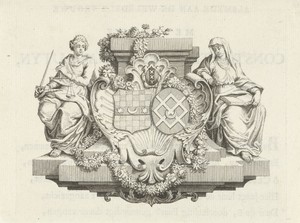 Wapenschilden geflankeerd door Rechtvaardigheid en Geloof