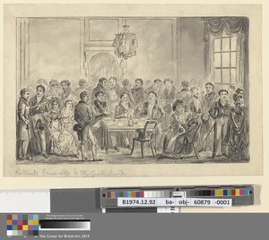 Wash proofs to accompany Westmacott's "The English Spy": [Portraits from Life by J. R. Cruikshank] pub. as Bernard Blackmantle reading his Play in the Green Room of Covent Garden Theatre