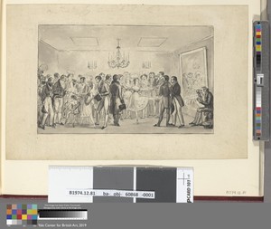 Wash proofs to accompany Westmacott's "The English Spy": The Opera Green Room, or Noble Amateurs viewing Foreign Curiosities