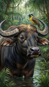 Water Buffalo and Bird