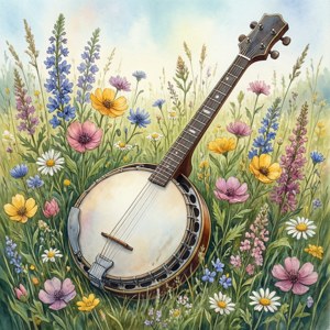 Watercolor Banjo in Meadow
