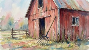 Watercolor Barn Pitchfork