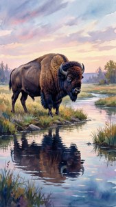 Watercolor Buffalo at Dusk