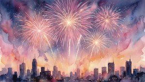Watercolor Fireworks Skyline