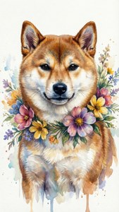 Watercolor Floral Shiba