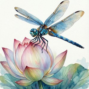 Watercolor Lotus Dragonfly