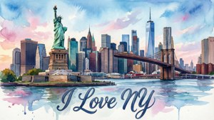 Watercolor NYC Skyline I Love NY