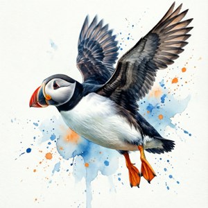 Watercolor Puffin in Flight