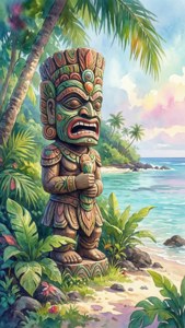 Watercolor Tiki God Island