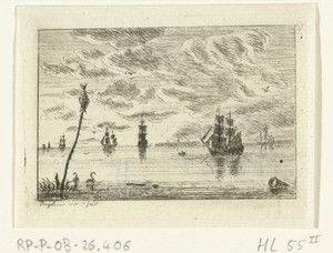 Waterlandschap met zeilschepen