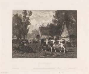 Watermolen bij een boerderij met koeien in een landschap