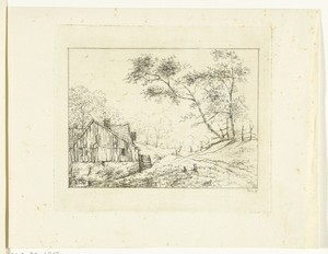 Watermolen, rechts twee berken