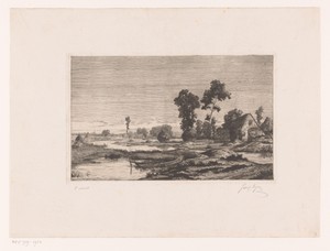 Waterrijk landschap met boerderij en hooibergen
