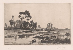 Waterrijk landschap met een kerk en koeien langs de oever