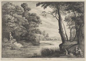 Waterrijk landschap met reiger en jagers