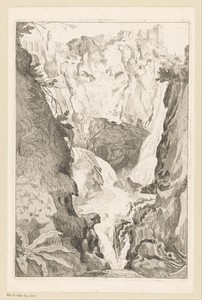 Waterval met bovenaan een stad