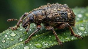 Weevil on Dewy Leaf