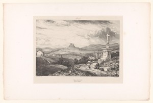 Wegkruis met wandelaar en zicht op het kasteel van Lardeyrol