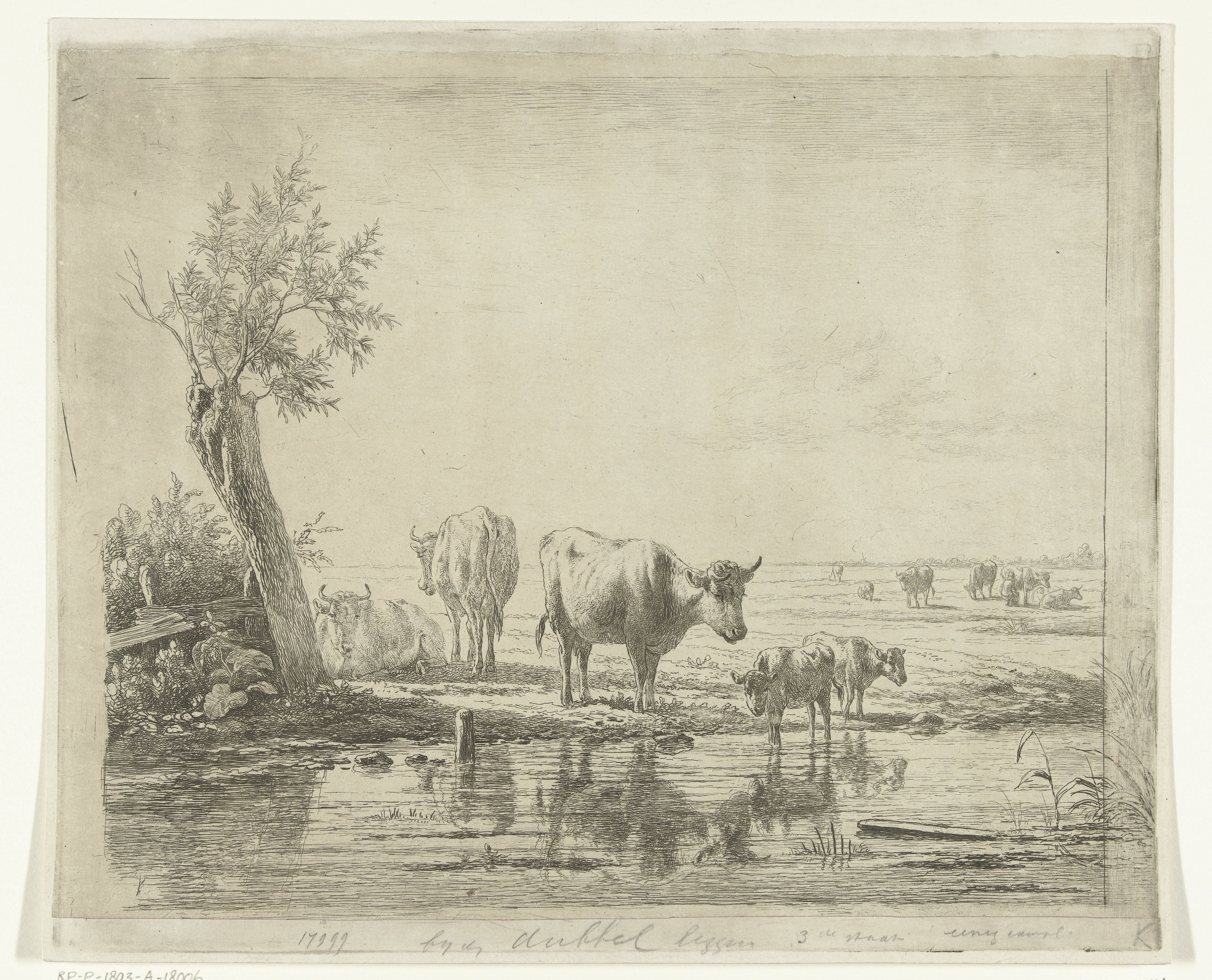 Weidelandschap met koeien bij water by Simon van den Berg