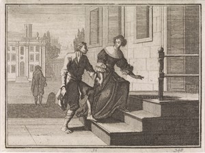 Welgestelde vrouw leidt een bedelaar de stoep van haar woning op
