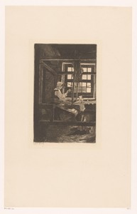 Wevende vrouw aan een weefgetouw