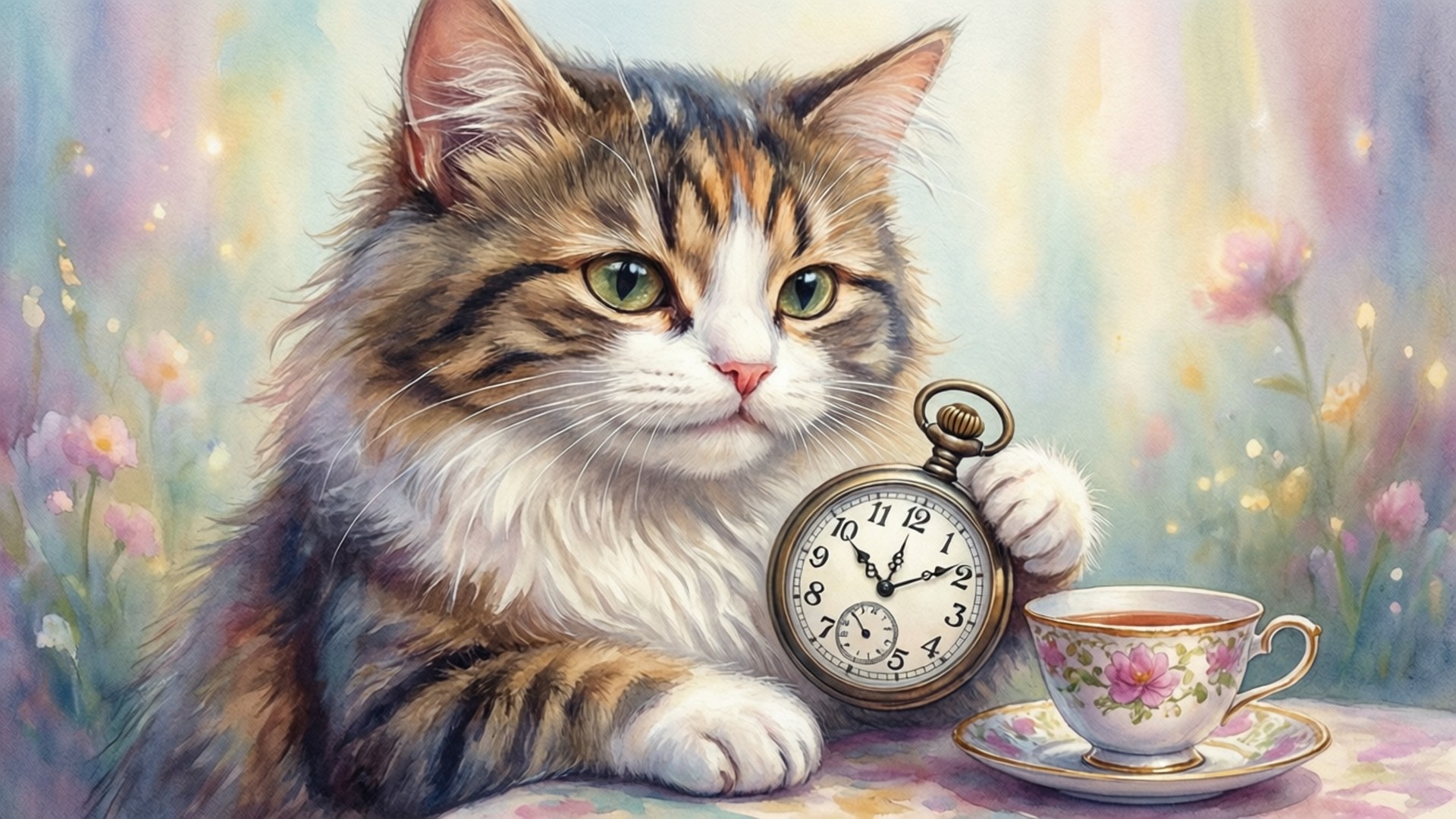 Whimsical Cat with Clock Tea by Wallpapers.art Studio