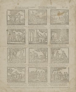 Wil, jeugd! uw oog en geest vermaaken, / Met Bybelsche historizaaken; / Waarin gods magt u wordt getoond, / Die 't kwaade straft en 't goede loont