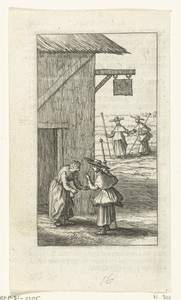 Willemynken en bedelende oude vrouw voor herberg